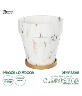 GloboStar® Artificial Garden DENPASAR 20526 Διακοσμητική Κεραμική Γλάστρα Λευκή με Χρυσό Μ20 x Π20 x Υ21 cm
